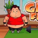 Tukeva hahmo seisoo punaisessa paidassa ja rannekkeissa vihreällä matolla sisätilassa, jossa on painonnostotanko ja taustalla kasvi, tekstin GET FIT vieressä