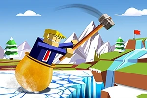 Kuvassa on kuutiohahmo kattilassa, joka heiluttaa suurta vasaraa jäisellä maisemalla, jossa on vuoria ja puita taustalla