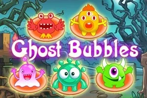 Värikäs kuva, jossa viisi eriväristä ja erimuotoista olentoa sekä teksti Ghost Bubbles taustalla tummasävyisessä ympäristössä