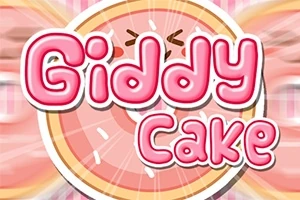 Vaaleanpunainen ja valkoinen teksti Giddy Cake kakun päällä säteittäisellä taustalla