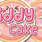 Vaaleanpunainen ja valkoinen teksti Giddy Cake kakun päällä säteittäisellä taustalla