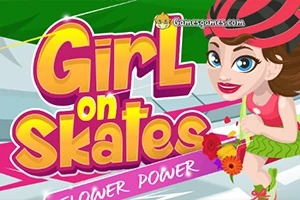 Nuori tyttö rullaluistimilla, kukkia kädessä, värikäs tausta ja teksti Girl on Skates: Flower Power