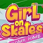 Nuori tyttö rullaluistimilla, kukkia kädessä, värikäs tausta ja teksti Girl on Skates: Flower Power