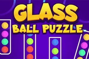 Värikkäitä palloja lasiputkissa violetilla taustalla, keskellä teksti Glass Ball Puzzle