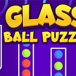 Värikkäitä palloja lasiputkissa violetilla taustalla, keskellä teksti Glass Ball Puzzle