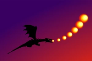 Silhuetti lohikäärmeestä, joka syöksee tulta kauniissa auringonlaskussa