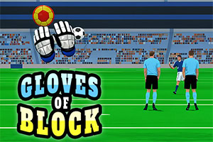 Jalkapallokenttä täynnä pelaajia ja kaksi tuomaria, teksti Gloves of Block edessä sekä säärystimet, nyrkkiparin ja pallon sisältävä pelin logo