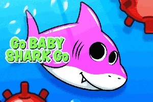 Vaaleanpunainen piirretty hai ui sinisessä vedessä punaisen esineen lähellä, ja tekstinä Go BABY SHARK Go