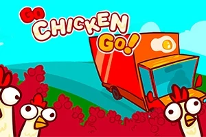 Punainen rekka ajaa maaseudulla, ja etualalla on sarjakuvatyylisiä kanoja sekä teksti Go Chicken Go