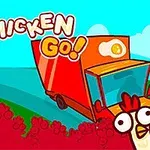 Punainen rekka ajaa maaseudulla, ja etualalla on sarjakuvatyylisiä kanoja sekä teksti Go Chicken Go