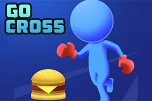 Sinisellä taustalla on sininen ihmishahmo, jolla on punaiset hanskat, ja hampurilainen sen vieressä; yläkulmassa lukee GO CROSS
