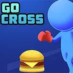 Sinisellä taustalla on sininen ihmishahmo, jolla on punaiset hanskat, ja hampurilainen sen vieressä; yläkulmassa lukee GO CROSS