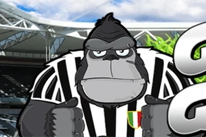 Piirretty gorilla, jolla on mustavalkoraidallinen paita ja jalkapallostadion taustalla