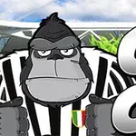 Piirretty gorilla, jolla on mustavalkoraidallinen paita ja jalkapallostadion taustalla
