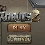 Robotti seisoo metallisella taustalla, jossa on isot Play ja Continue -napit