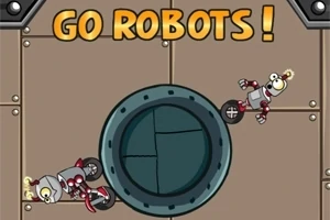 Kaksi piirrettyä robottia metallisella taustalla pyöreän mekaanisen oven ympärillä ja teksti GO ROBOTS!