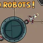 Kaksi piirrettyä robottia metallisella taustalla pyöreän mekaanisen oven ympärillä ja teksti GO ROBOTS!