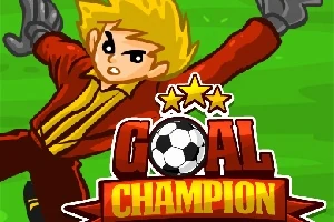 Piirretty hahmo keltaisissa ja punaisissa vaatteissa torjuu jalkapalloa viherkentällä, päällekkäin teksti Goal Champion ja kolme tähteä
