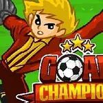 Piirretty hahmo keltaisissa ja punaisissa vaatteissa torjuu jalkapalloa viherkentällä, päällekkäin teksti Goal Champion ja kolme tähteä