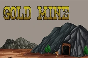 Mies kaivoksen sisäänkäynnin edessä, taustalla vuoria ja etualalla teksti Gold Mine