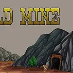 Mies kaivoksen sisäänkäynnin edessä, taustalla vuoria ja etualalla teksti Gold Mine