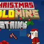 Jouluteemainen kuva, jossa on isot tekstit Christmas Gold Mine Strike, pikselöity joulupukki ja värikkäitä lahjapinoja