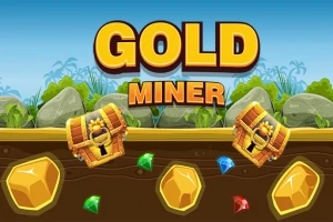 Kultainen otsikko Gold Miner vihreiden kasvien ja kivien taustalla, edessä kaksi aarrearkkua ja värikkäitä jalokiviä sekä kultaharkkoja