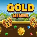 Kultainen otsikko Gold Miner vihreiden kasvien ja kivien taustalla, edessä kaksi aarrearkkua ja värikkäitä jalokiviä sekä kultaharkkoja