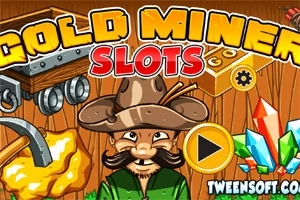 Värikäs piirroskuva, jossa on vanha kullankaivaja hattu päässään, vaunu kultaharkkoja, suuria jalokiviä ja tekstit Gold Miner ja Slots