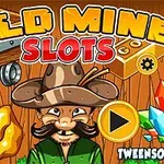 Värikäs piirroskuva, jossa on vanha kullankaivaja hattu päässään, vaunu kultaharkkoja, suuria jalokiviä ja tekstit Gold Miner ja Slots
