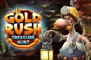 Kaivosmies kantaa lyhtyä luolassa, ja vieressä on värikäs Gold Rush Treasure Hunt -logo
