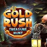 Kaivosmies kantaa lyhtyä luolassa, ja vieressä on värikäs Gold Rush Treasure Hunt -logo