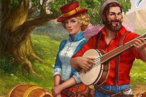 Kaksi ihmishahmoa seisoo puun alla, miehellä on banjo ja naisella on punainen hattu