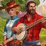 Kaksi ihmishahmoa seisoo puun alla, miehellä on banjo ja naisella on punainen hattu
