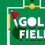 Vihreä tausta, golf-lipun vieressä sana GOLF FIELD suurella valkoisella tekstillä