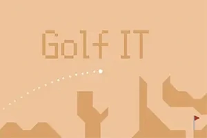 Vaaleanruskea tausta, jossa sana Golf IT, valkoinen pisteviiva ja kuoppamainen rakenne
