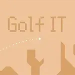 Vaaleanruskea tausta, jossa sana Golf IT, valkoinen pisteviiva ja kuoppamainen rakenne