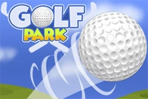 Golfpallo kiitää ilmassa sinistä taustaa vasten, ja taustalla näkyy teksti GOLF PARK