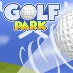 Golfpallo kiitää ilmassa sinistä taustaa vasten, ja taustalla näkyy teksti GOLF PARK