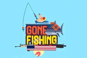 Mies kalastaa veneessä haikalan päällä sanojen Gone Fishing ja alapuolella on ase ja Yhdysvaltain lippu