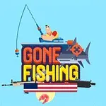 Mies kalastaa veneessä haikalan päällä sanojen Gone Fishing ja alapuolella on ase ja Yhdysvaltain lippu