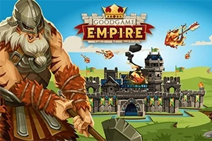 Goodgame Empire Viikinkisoturi seisoo linnan edessä, ja taustalla on lentäviä tulipalloja