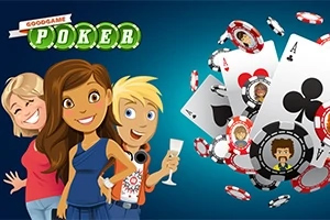 Kolme piirrettyä hahmoa poseeraa pokerimerkkien ja pelikorttien vieressä sinisellä taustalla