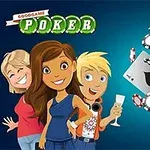 Kolme piirrettyä hahmoa poseeraa pokerimerkkien ja pelikorttien vieressä sinisellä taustalla