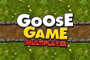 Vihreä nurmikkotausta, jonka keskellä kulkee kivinen polku, ja päällä värikäs teksti Goose Game Multiplayer