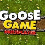 Vihreä nurmikkotausta, jonka keskellä kulkee kivinen polku, ja päällä värikäs teksti Goose Game Multiplayer