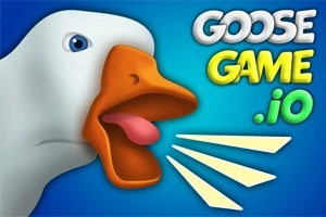 Valkoinen hanhi avaa nokkansa sinisellä taustalla, ja oikeassa yläkulmassa on kirjaimet, joissa lukee GOOSE GAME 