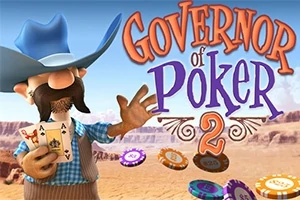 Sarjakuvamainen cowboy pitelee pelikortteja erämaataustalla, lierihattu päässään, pokerimerkkejä ilmassa