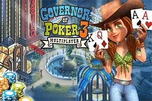 Governor of Poker 3 Kuvassa on cowboy-hattuinen nainen, joka pitää pelikortteja kädessään, sekä värikkäitä pelimerkkejä ja rakennuksia taustalla