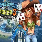 Governor of Poker 3 Kuvassa on cowboy-hattuinen nainen, joka pitää pelikortteja kädessään, sekä värikkäitä pelimerkkejä ja rakennuksia taustalla